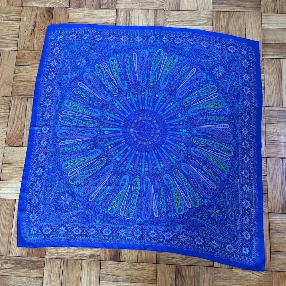 Multi-hued purple and green paisley scarf, 30” x 30”